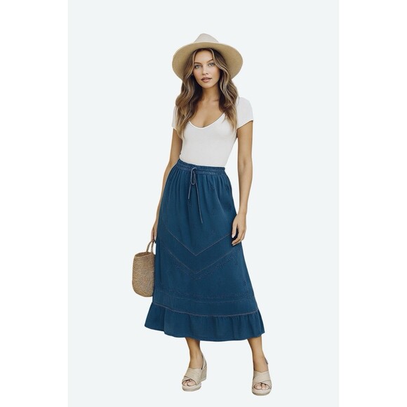 Greeta OS Blue Midi Length Skirt Boho Peasant - Picture 1 of 6